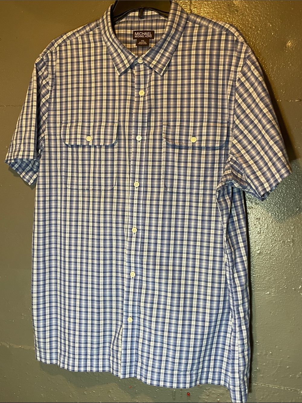 Michael Kors Blue and White Plaid Short-Sleeve Button-Down Shirt